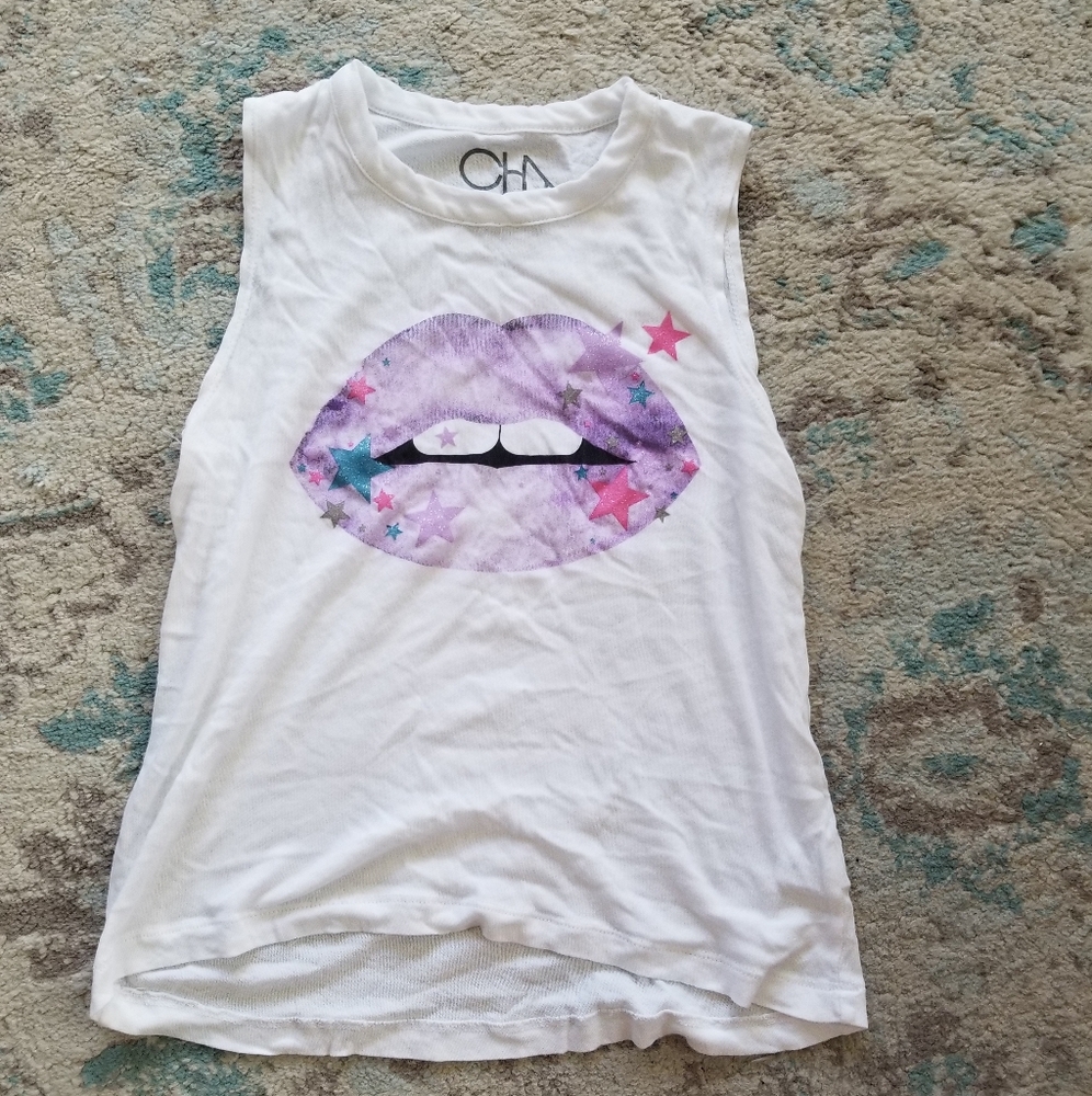 XS white glitter lips tank